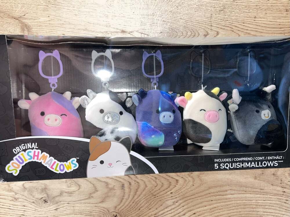 Original Squishmallows 5-Piece Cow Squad Clip-On Plush Set
